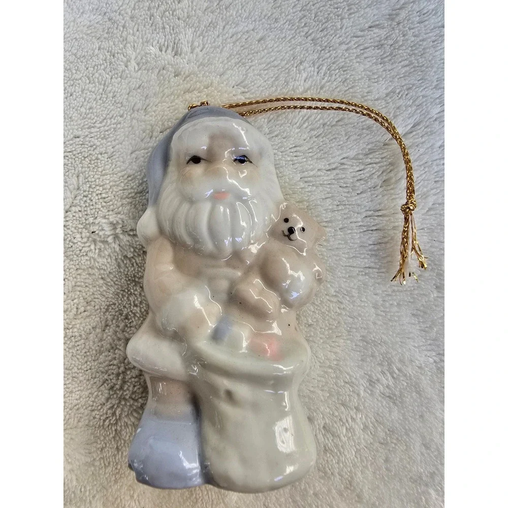 Vintage Ceramic Santa Claus Ornament Pastel Blue Tan Porcelain Christmas Decor